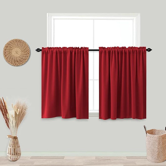 KOUFALL Christmas Red Kitchen Window Curtains Over Sink, 36 Inch Length Small Blackout Cafe Curtains, Cortinas para Cocina De Navidad Navideñas