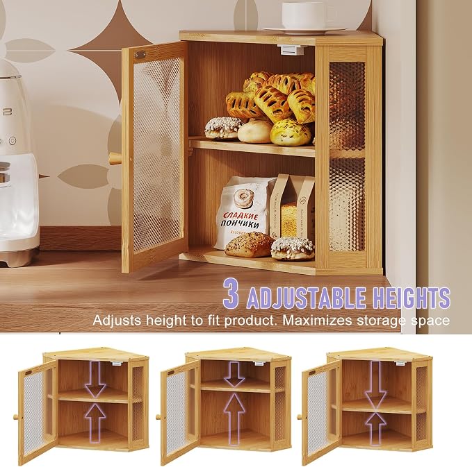 Bamboo Bread Box with Acrylic Window Display,Kitchen Countertop Storage, (Natual, Extra Lage)