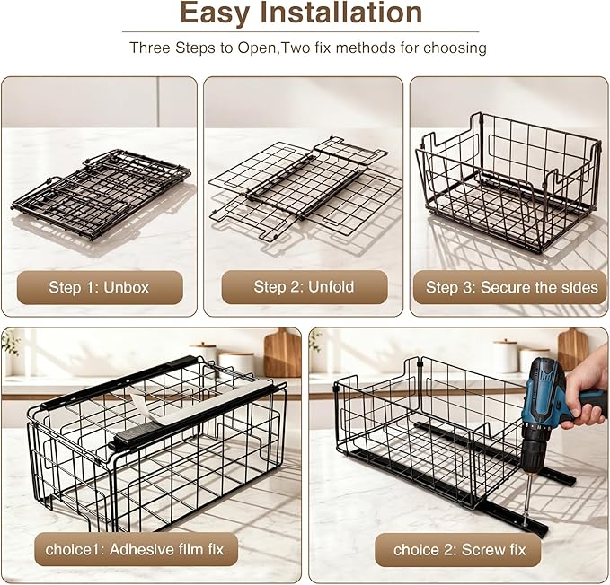 Pull Out Cabinet Sliding Basket Organizer, Heavy Duty Slide Out Drawer for Kitchen Cabinet, No Drill Adhesive Sliding Shelves for Kitchen Bathroom Home, 13.8" D x 8.5" W x 6.3" H, Black