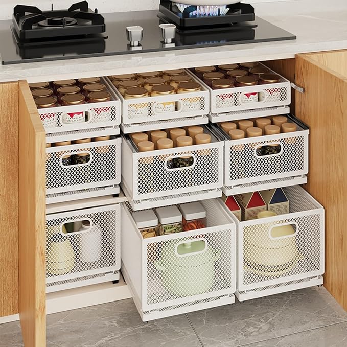 Pull Out Cabinet Organizer, Slide Out Drawers Fixed with Adhesive Nano Film, Pantry Shelves Sliding Drawer Storage Organization for Kitchen (Double Layer 15.7*9.4*14.45inch/40*24*36.7cm)