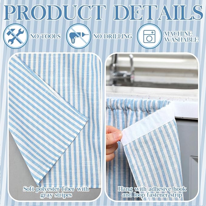 VitalCozy Cabinet Curtain 28" W x 51" L Sink Skirt for Bathroom Kitchen Blue Stripes Short Curtain for Home Classroom Farmhouse Rustic Drape Under Desk Privacy Drape for Laundry Room
