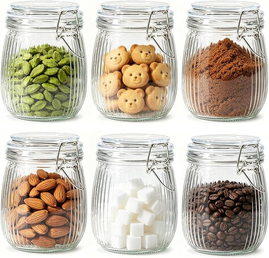 ComSaf 25oz Fluted Glass Mason Jars - Set of 6 Vintage Canisters with Airtight Lids for Sourdough Starter, Pickling, Coffee & Pantry Organization, Farmhouse Kitchen Decor