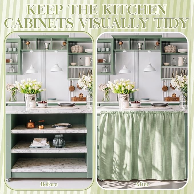 VitalCozy Cabinet Curtain 35" W X 35" L Sink Skirt for Bathroom Kitchen Sage Green Stripes Spring Short Curtain for Home Classroom Farmhouse Rustic Drape Under Desk Privacy Drape for Laundry Room