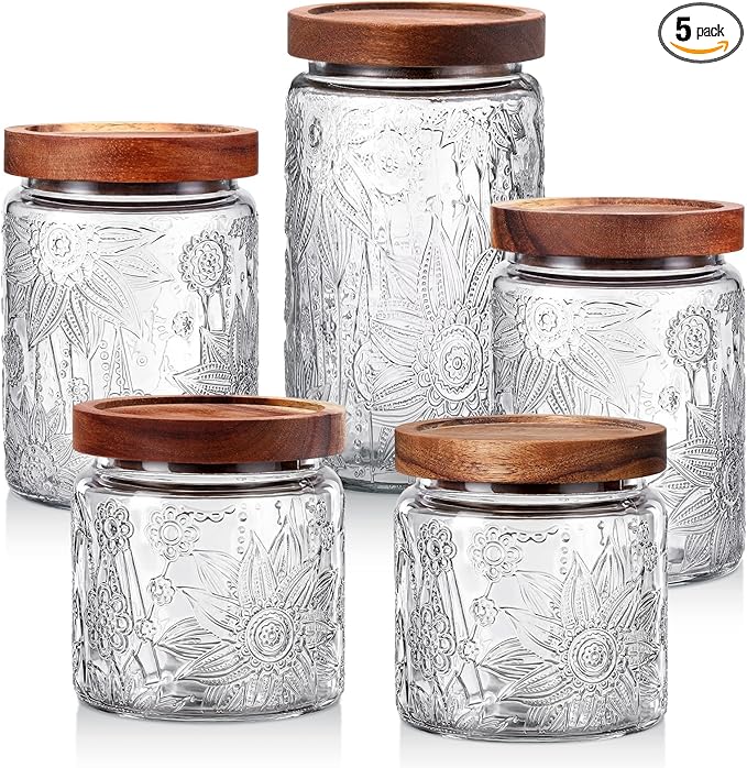 Suclain 5 Pcs Sunflower Vintage Glass Jars with Bamboo Airtight Lid 17/24/34 oz Glass Food Containers Storage for Kitchen Counter Pantry Sugar Flour Coffee Tea Candy Oats Cereal(Round)