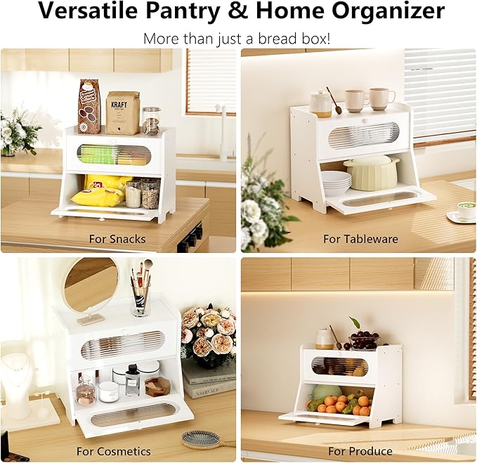 Bread Box for Kitchen Countertop,Large Capacity Double Layer Kitchen Countertop Organizer,Bread Storage with Acrylic Window for Cabinet,Pantry,Cupboard(White)
