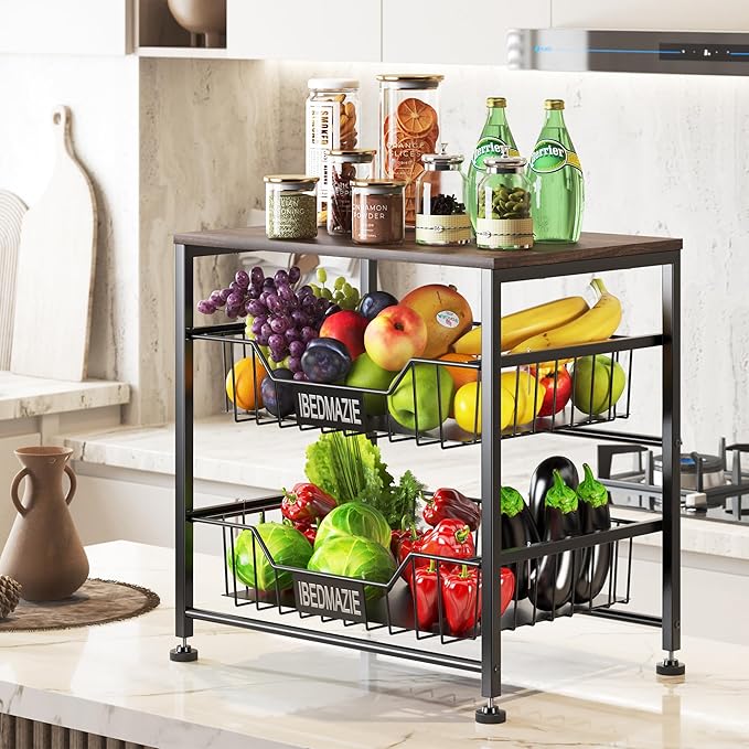 Metal Storage Organizer with Drawers,Fruit Basket for Kitchen,3 Tier Organizer Used for Wardrobe,Office,Storage,Bathroom,Bedroom,Adjustable Feet,Easy Assembly (Black)