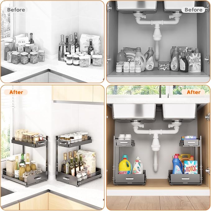 2 Pack Under Sink Organizer, 2 Tier Slide Out Cabinet Organizer with Pulley, Height Adjustable Pull Out Shelf for Kitchen, Bathroom, Laundry and Utility Storage, Gray