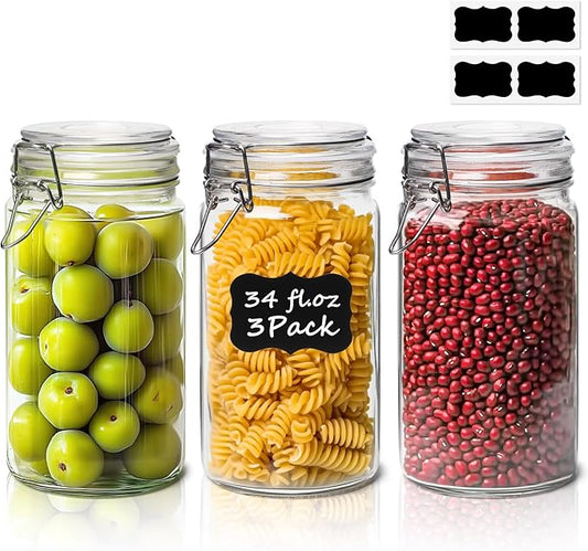 ComSaf 1 Quart Glass Jars with Airtight Lids (32oz, Set of 3), Straight-Sided Canisters for Sourdough Starter & Fermenting, 1L Hermetic Pantry Storage for Flour, Sugar, and Coffee