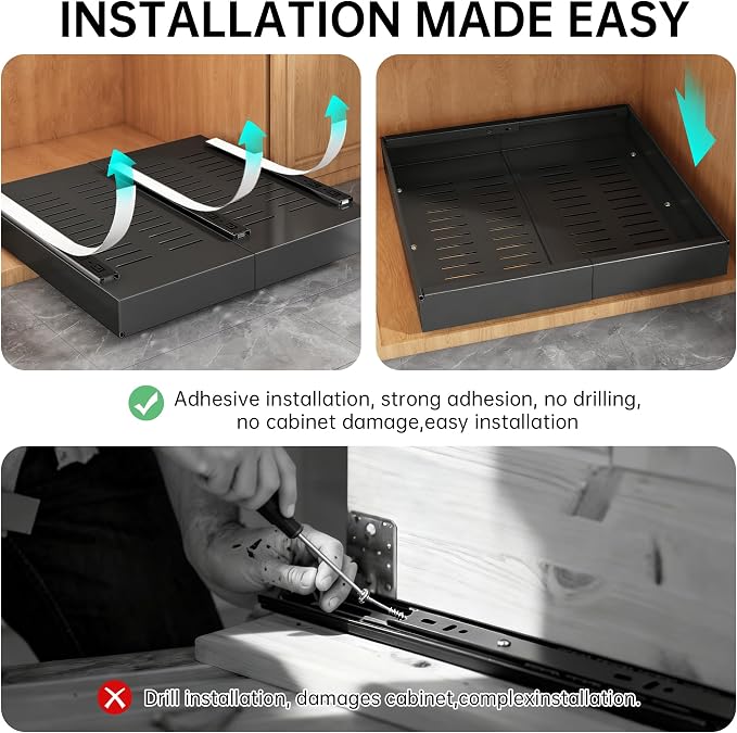 Pull out Cabinet Organizer, 2 pack, 16.5" Deep Heavy Slide out Drawers, Upgrade Three Triple-Slide Rail Systems, Expandable 12.8"-20.8" Roll out Shelf Storage for Kitchen Base Cabinet Organization