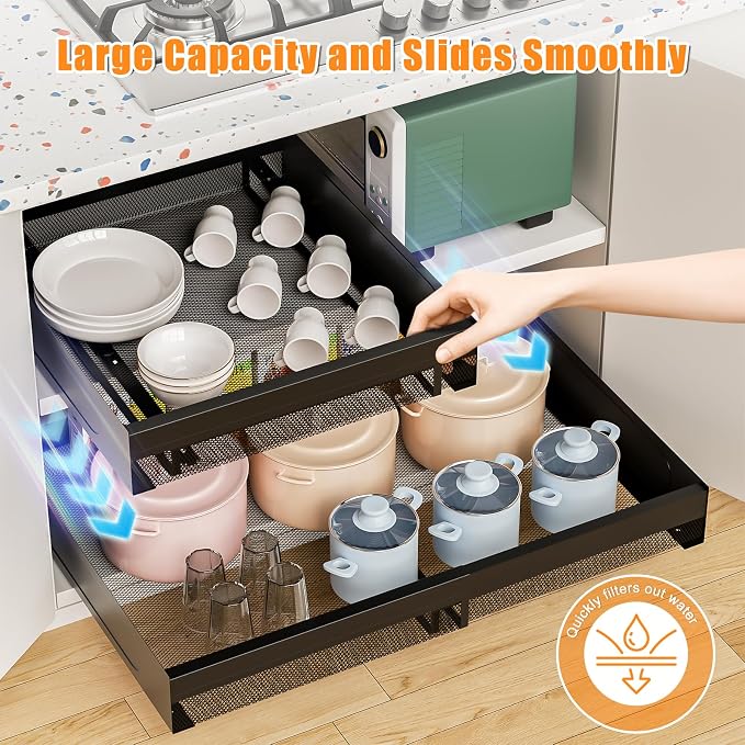Hisencn Pull Out Cabinet Organizer, Expandable Width 13.9"-22", 21.8" Deep Heavy Duty Slide Out Drawer for Kitchen Cabinets, No Drill Roll Out Shelves with Adhesive Nano Film (Black)