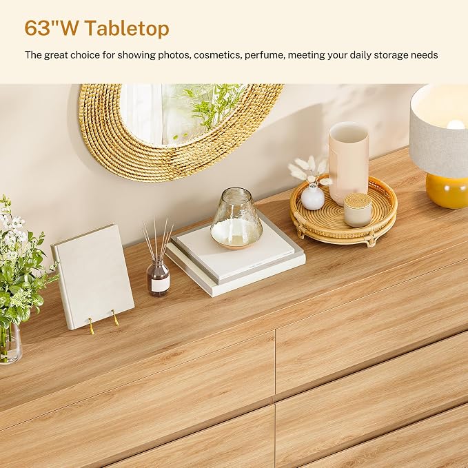 TEENFON 55" Dresser for Bedroom with 6 Drawers, Modern Dressers & Chests of Drawers with Metal Handles, Wooden Dresser TV Stand, Bedroom Dressers, for Bedroom, Hallway, Natural
