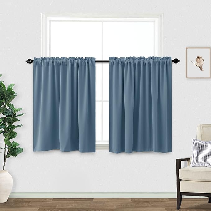 KOUFALL Blue Curtains for Bedroom Short Blackout Light Blocking Thermal Curtains for Summer Heat,30 Inch Length,Slate Blue