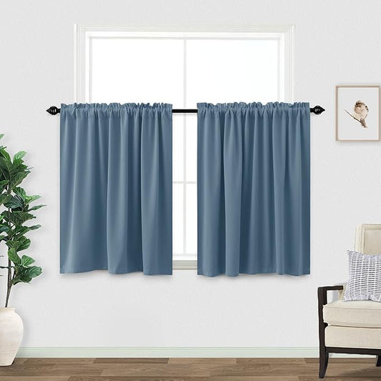 KOUFALL Blue Curtains for Bedroom Short Blackout Light Blocking Thermal Curtains for Summer Heat,30 Inch Length,Slate Blue