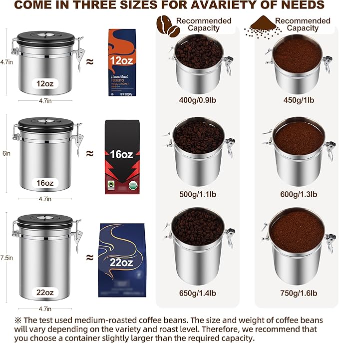 ShanSon Coffee Canister Airtight, Stainless Steel Bean Storage Container with Date Tracker & Scoop, Grounds Sugar Flour Tea Cereal Fits Kitchen Pantry, Ideal Gift for Coffee Lovers,22oz,Silver