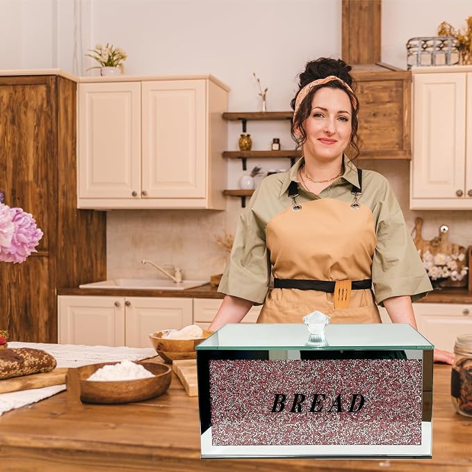 Large Crystal Glass Bread Container Box with Lid, 12.2" L x 6.3" W x 7.9" H Homemade Bread Storage, Crushed Diamond Home Decor, Keep Bread Fresh Clean, Bread Bin for Kitchen Countertop (Pink)