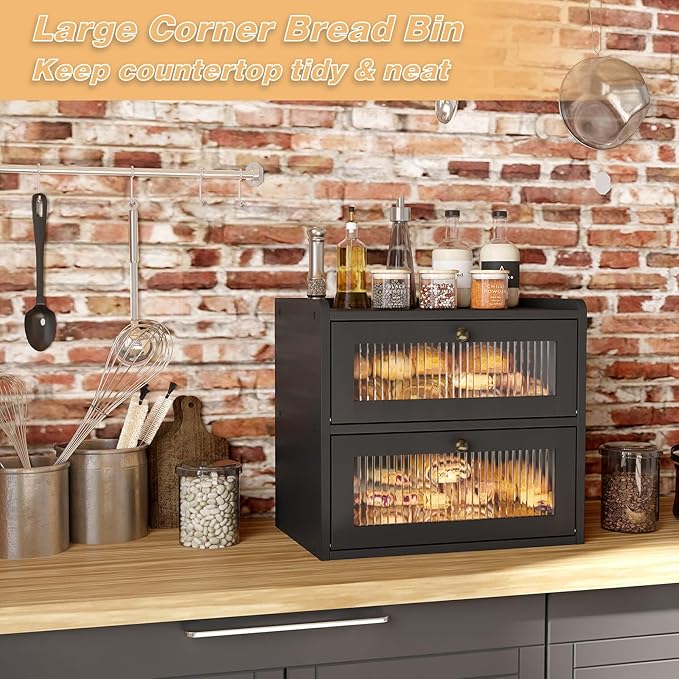 Alpeir Double Layer Large Bread Box for Kitchen Countertop, Black | Ventilation Hole, Longer Fresh, Natural Wood, Fit Homemade Bread & Baked, Extra Top Storage, Acrylic Window, Modern Style