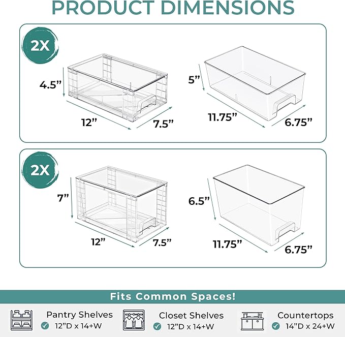 Sorbus Stackable Clear Storage Drawers, 4 Pack (2 Medium + 2 Small) Pull-Out Organizer Bins – Plastic Drawer Organizers for Bathroom, Vanity, Makeup, Under Sink & Countertop Organization