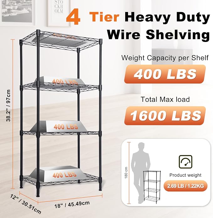 Whitmor 4 Tier Storage Shelves, Heavy Duty Metal Shelving, 400 lbs Capacity per Shelf, 1600 lbs Total, Easy Assembly for Kitchen, Garage, Plant, 18" L x 12" W x 38" H, Black