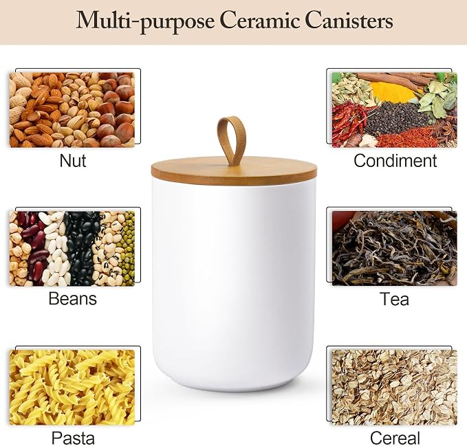 3-Piece Ceramic Canisters Set,Airtight Food Storage Jars with Bamboo Lids for Kitchen Countertop,Flour Sugar Coffee Tea Pasta Cookie Container,White Decorative Pantry Organization Jars