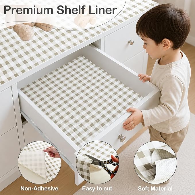 Green Gingham Drawer Liner, Non-Adhesive Shelf and Kitchen Cabinet Protector, 17.5IN x 10FT Non-Slip Strong Grip Waterproof Contact Paper, Smooth Surface Liners for Cabinets, Bathrooms, Cupboard