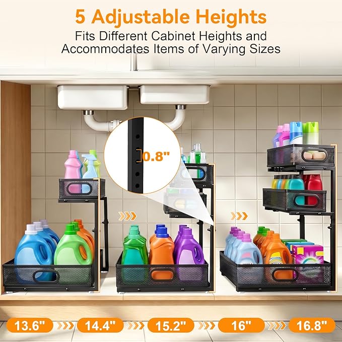 Under Sink Organizer for Bathroom, 3 Tier Adjustable Height Under Sink Storage, Sliding Pull Out Cabinet Organizer Shelf, Metal Multi-Purpose Cabinet Organizer for Kitchen (1 Pack, Black)