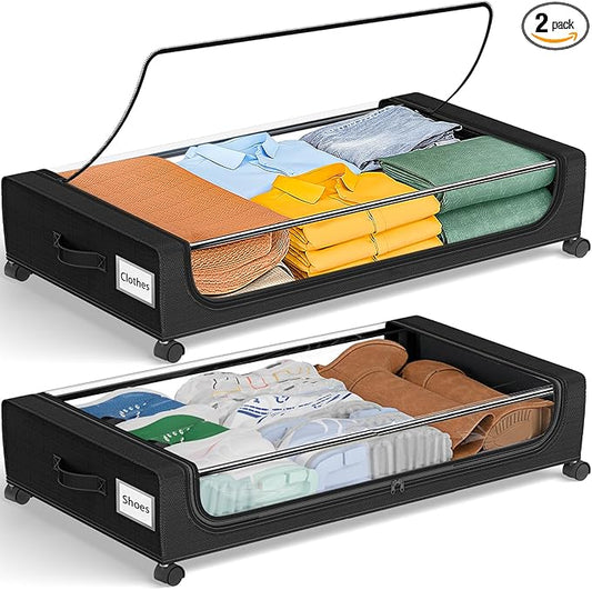 GoMaihe Under Bed Storage with Wheels: 48L Underbed Storage Containers with Clear Lids - Rolling Drawers & Bins for Shoes Clothes in Dorm Bedroom - Space-Saving Easy Pull-out Black 2-Pack