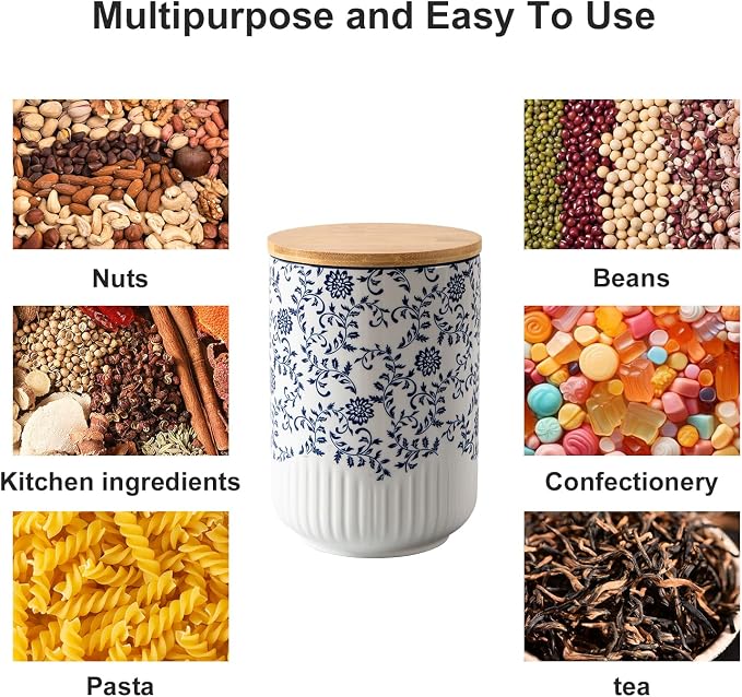 Canisters Sets for Kitchen - Ceramic Kitchen Containers for Countertop with Airtight Wood Lids - Flour and Sugar Containers for Coffee Tea Spice Beans Cookie Jars - Blue Set of 3