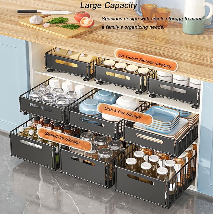 Pull Out Cabinet Organizers Large Capacity with Nano Adhesive Tallened Guardrail Anti Fall Design for Bathroom & Kitchen Cabinets Pantries (Black, S-2Pcs)