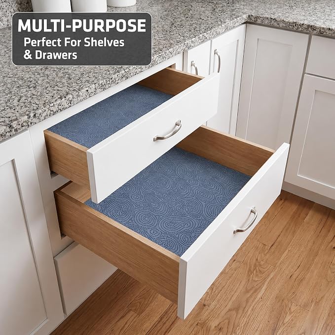 Drymate Premium Luxury Shelf & Drawer Liner, Thick Cushioned Fabric, Non-Adhesive, Absorbent, Waterproof, Slip-Resistant, Liners for Kitchen Cabinets, Cupboards (USA Made)(12”x59”)(24-Pack)(Blue)