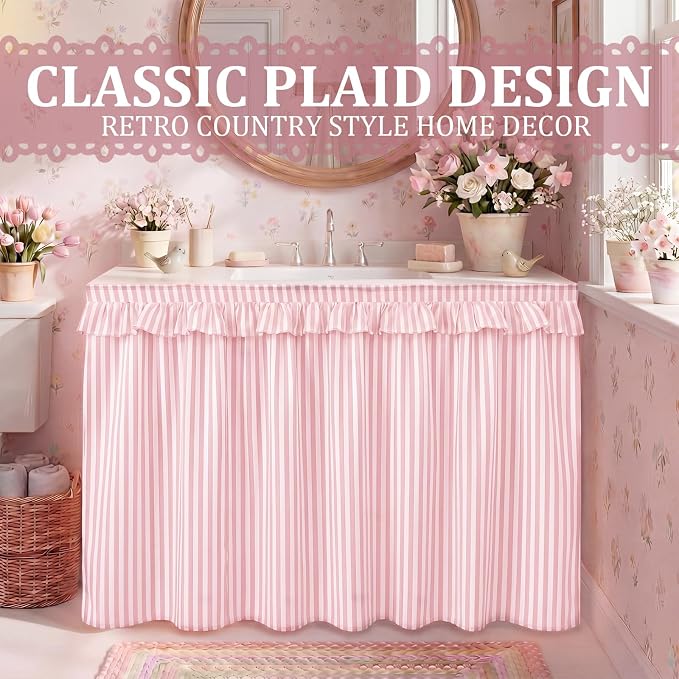 Pink Ruffle Gingham Sink Skirt Self-Adhesive Bathroom Stitch Self Stick Adhesive Fabric Under Sink Curtain Skirt 32 x 55 in for Bathroom Kitchen Laundry Utility Room Decor(Stripe)