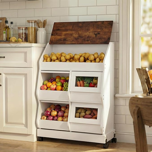 ARTETHYS Potato and Onion Storage Bin with Wheels, 3 Tier Bread Container with Lid, Ventilated Vegetable Organization Cabinet for Kitchen