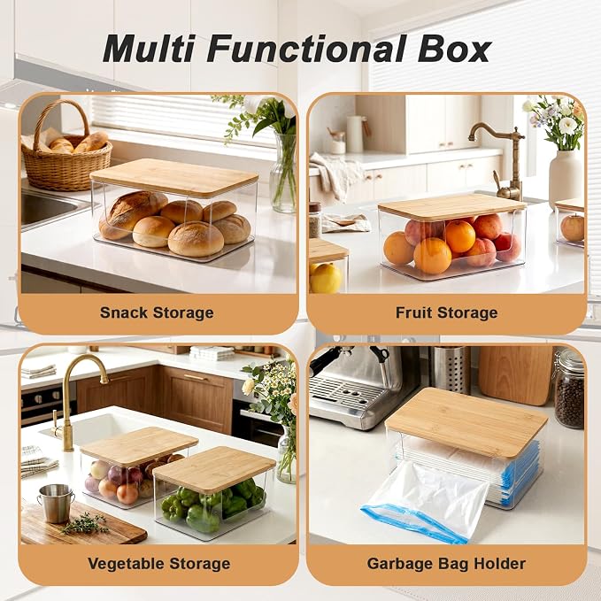 1 Pack Trash Bag Holder, Stackable Garbage Bag Dispenser with Bamboo Lid – Clear Plastic Organizer, Space-Saving Under Sink Storage for Kitchen, Laundry Room, Pantry & Cabinet