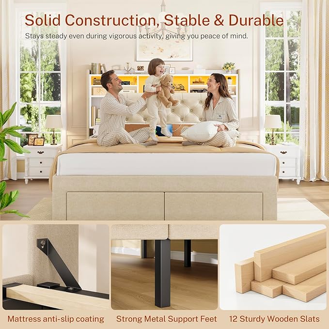 TEENFON Queen Bed Frame with Headboard and 2 Drawers Storage, Bed Frame Queen Size Built in LED Lights and Charging Station, Sturdy & Noise-Free Upholstered Platform Metal Bed, Beige