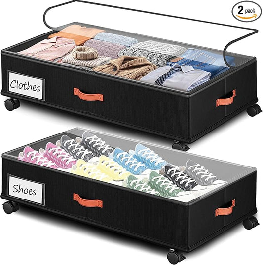 Under Bed Storage with Wheels 2-Pack, Under Bed Storage Containers 66L Clear Lids, Rolling Storage Drawers for Clothes Shoes Blankets, Underbed Organizer Bins(30" L x 16.2" W x 7.5" H)
