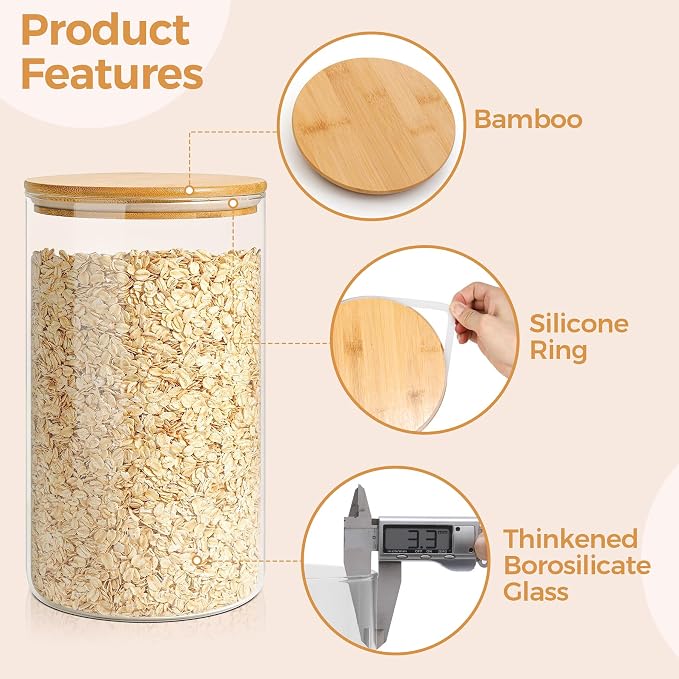 ComSaf Glass Jar with Airtight Lid (140 oz/4 liter/1.1 Gallon), Large Glass Food Storage Container with Bamboo Lid, Jars with Lids for Food