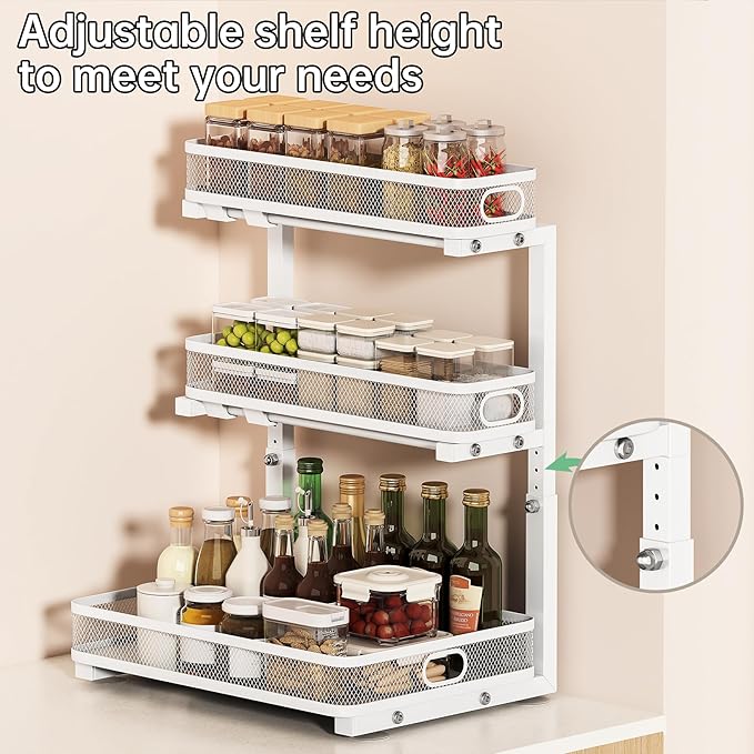 Under Sink Organizer, White, 3-Tier, 1 Pack | Height Adjustable, Thickened Metal, Pull Out Cabinet Shelf, Space-Saving Slide Out Storage Drawer