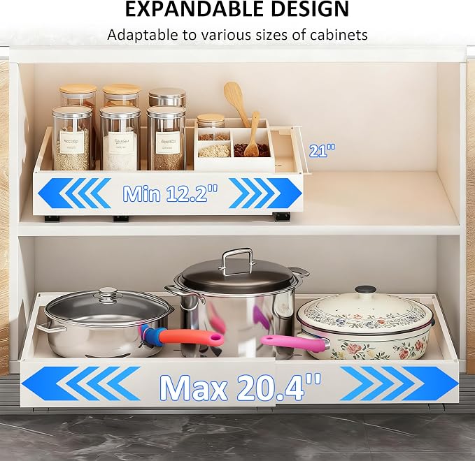 Pull Out Drawers for Cabinets, 1 Pack 21" Deep Expandable Slide Out Drawer for Kitchen Cabinets Adhesive Pantry Pullout Shelves Load-Bearing Upgrade 3 Slide Rails White
