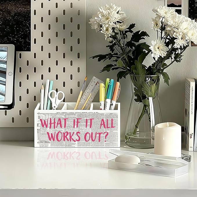 Inspirational Pen Holder, Positive Affirmation Gifts for Women Pencil Holder for Desk, What If It All Works Out Motivational Wooden Box Sign Decorations for Girly Room Dorm Desk Tabletop