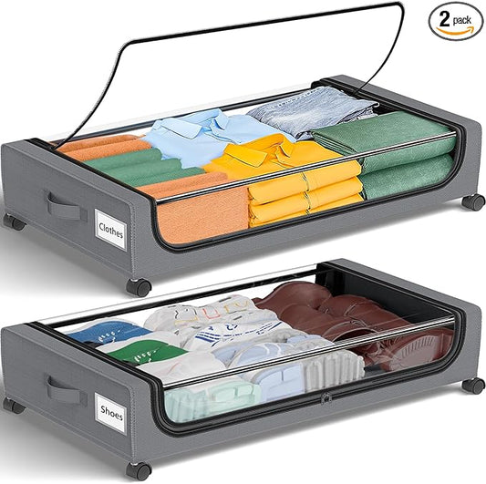 GoMaihe Under Bed Storage with Wheels: 48L Underbed Storage Containers with Lids - Rolling Bins for Shoes Clothes in Dorm Bedroom - Metal Drawers Easy Pull-out Grey 2-Pack
