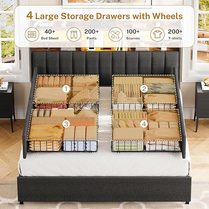 TEENFON Queen Bed Frame with Headboard and 4 Drawers Storage, Bed Frame Queen Size Built in LED Lights and Charging Station, Sturdy & Noise-Free Upholstered Platform Metal Support Bed, Dark Grey