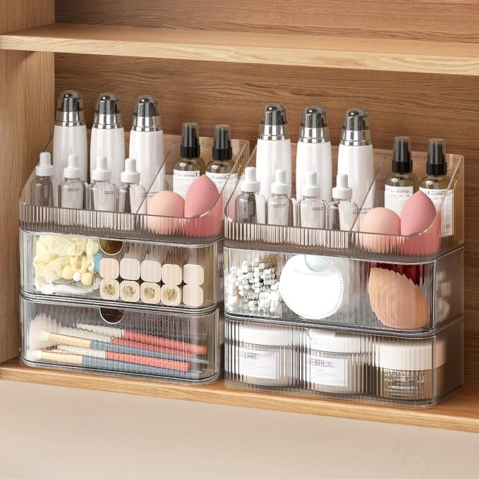 Medicine Cabinet Organizer 3 Tier, Stackable Bathroom Mirror Cabinet Storage，Small Makeup Organizers with 2 Drawer and 1 Tray for Wall Cabinet， Closet， Vanity, Countertop, Clear