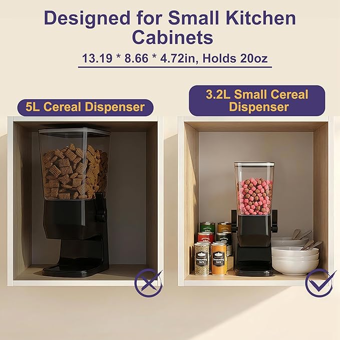 Cereal Dispenser Countertop 1 Pack, Dry Food Dispenser Snack Organizer, Slim Cereal Containers Storage Dispenser with Lids for Pantry, Kitchen Organization Oatmeal Nut Granola Candy, Black