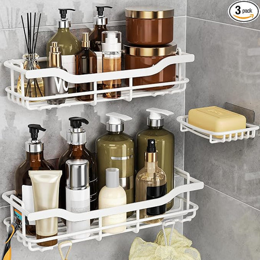 OMAIRA 3-Pack Shower Caddy with Soap Holder, Adhesive Rustproof No-drill Strudy Loading Inside Shower Organizer Shelves Rack Storage Bathroom Organization for Smooth Wall Glass Tile, White (X-Large)