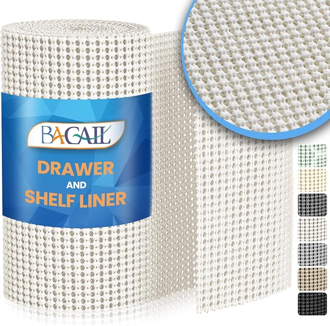 BAGAIL Non-Adhesive Shelf Liner, Thick Strong Grip Drawer Liners for Kitchen Cabinets, Heavy-Duty Easy Cut Cabinet Liners for Shelves, Pantry, Bathroom Cupboards - 12" x 10FT, White