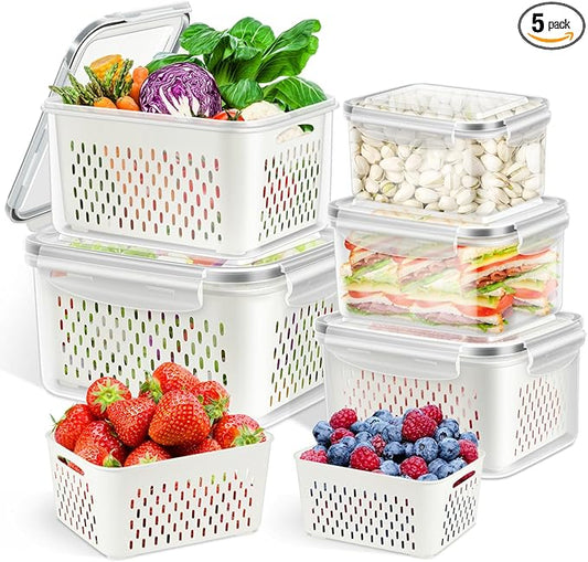 TBMax Fruit Storage Containers for Fridge Organizers and Storage, 10 Pieces Large Produce Saver with Airtight Lid & Colander for Berry Lettuce Salad Vegetable Storage, Refrigerator Organizers