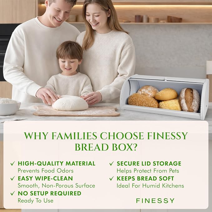 FINESSY Large Bread Box White for Pantry, Bread Box for Kitchen Countertop Stainless Steel, Breadbox Keeper for Fresh Homemade Muffin Sourdough Bagel Sandwich, Large Food Storage Containers with Lids
