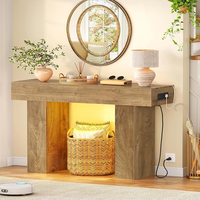 47.2" Entryway Table, Console Table with Charging Station and Adjustable LED light, Farmhouse Wood Sofa Table, Behind the Couch Table, Narrow Console Table, Entry Table for Hallway, Living Room