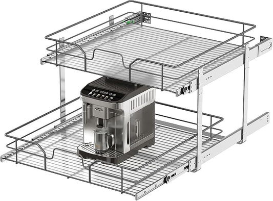 2-Tier Pull Out Cabinet Organizer (23" W x 22" D), Soft Close Cabinet Slide Out Shelves, Heavy Duty Slide Out Drawers with Shelf Liner for Kitchen Cabinets, Pantry Storage, Bathroom