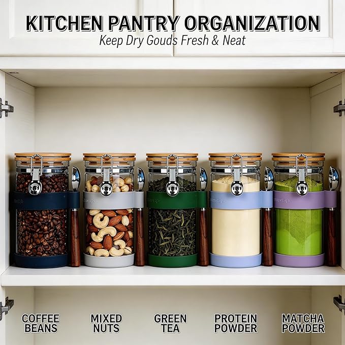 KKC Glass Protein Powder Container, 40oz Airtight Collagen Storage Jars with Bamboo Lids & 1 TBSP Measuring Spoons - Wide Mouth Aesthetic Countertop Dispenser Organizer for Kitchen, Smoothie Bar
