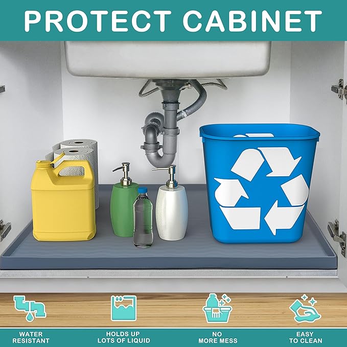 URMONA Waterproof Silicone Under Sink Mat 22'' x 22'' Shelf Liner for Kitchen and Bathroom, Cabinet and Counter Protector, Storage and Organizers, Litter Mat, Pet Cat Puppy Essentials(Green)